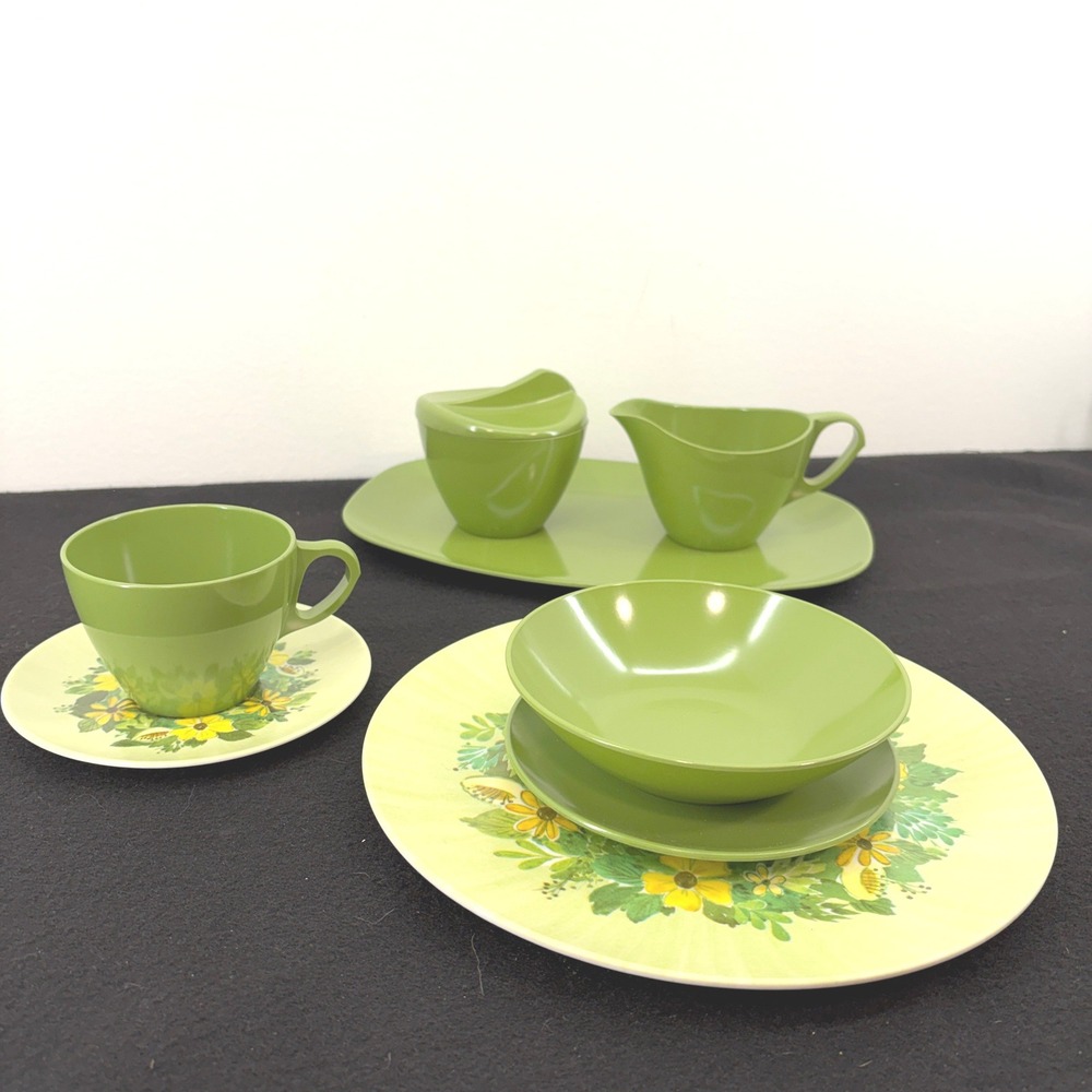 Brookpark Come Hither Melamine Green Floral Set VTG MCM 39pc Lot Creamer Sugar